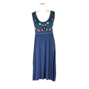 Caite Embroidered Dress Size M Crewel Floral Pattern Blue Sleeveless Knee Length